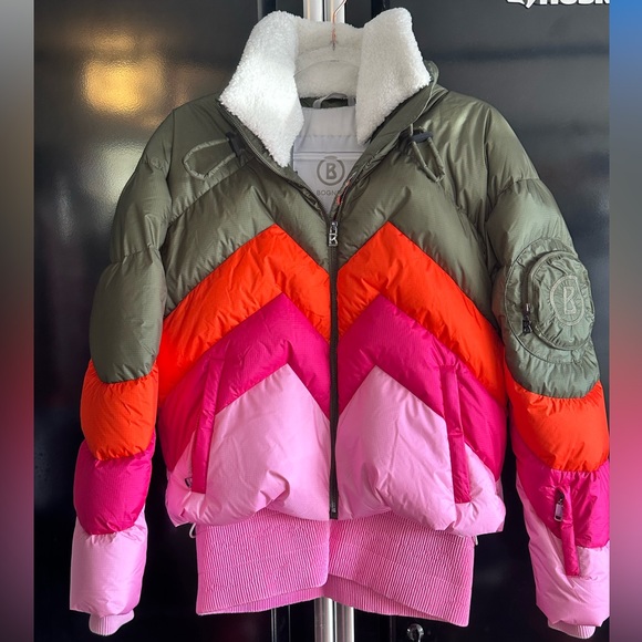 Bogner Vanja Olive Orange & Pink Chevron Fleece-Trimmed Ski Jacket Size US 4